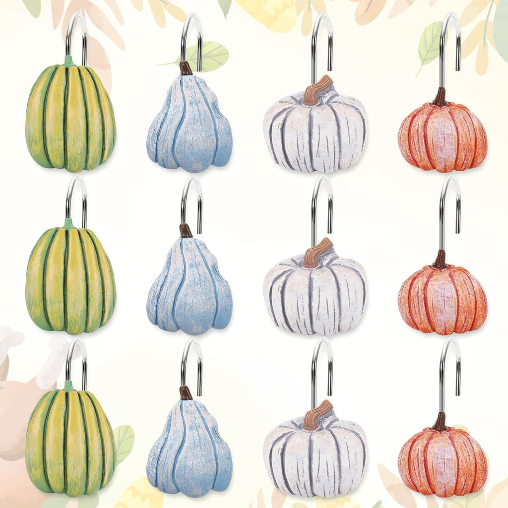JarThenaAMCS 12 Pcs Fall Pumpkin Shower Curtain Hooks 4 Designs Curtain Hanger Hooks Autumn Thanksgiving Shower Rod Rings for Living Room Bedroom Bathroom Decor
