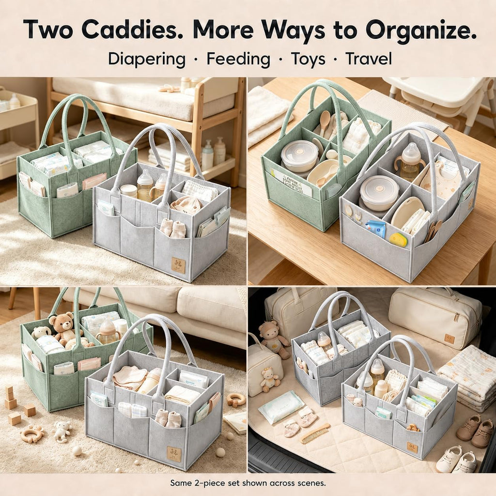 HIPHOP PANDA 2-Pack Diaper Caddy Organizer - Nursery Storage Bin & Car Organizer for Diapers, Wipes, and Baby Essentials - Dual-Color Solid Set (Grey/Green), Regular Size