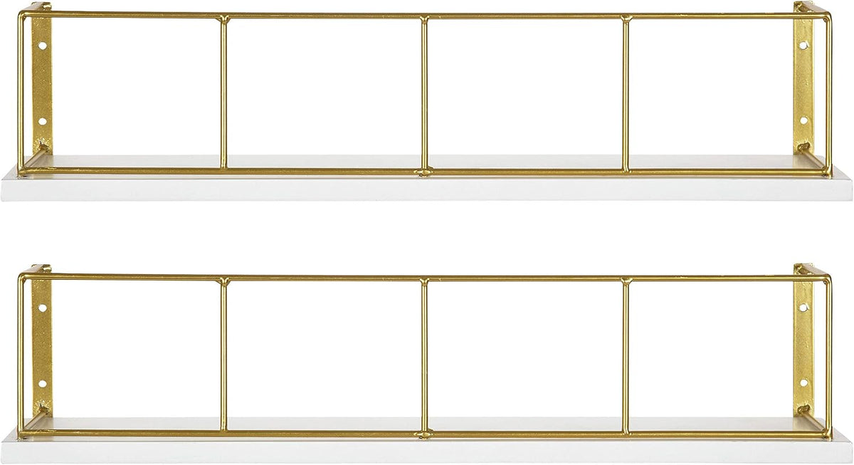 Kate and Laurel Benbrook 18-inch 2-Pack Wood and Metal Floating Wall Shelves, White and Gold