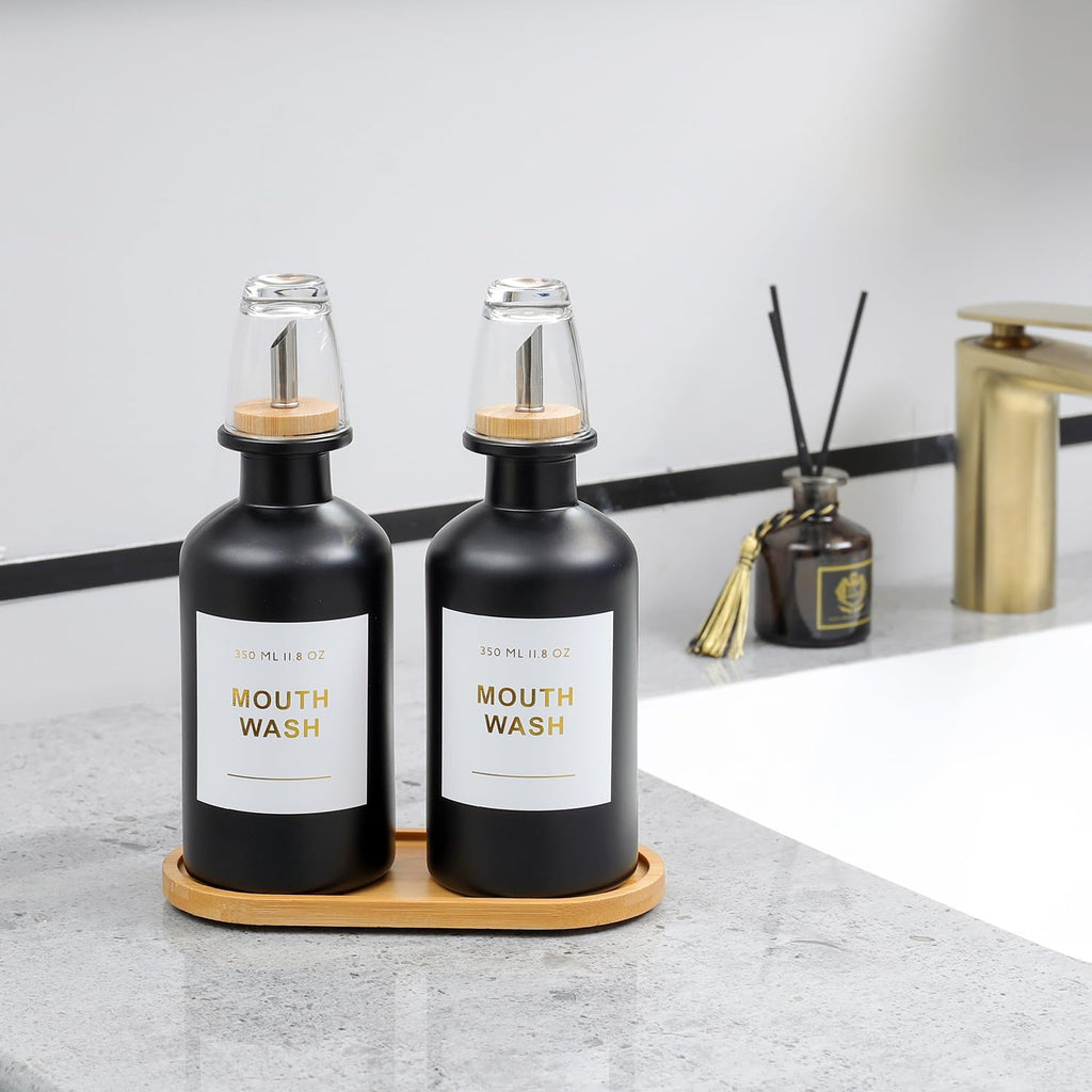 11.8OZ Glass Mouthwash Dispenser, Set of 2, Black