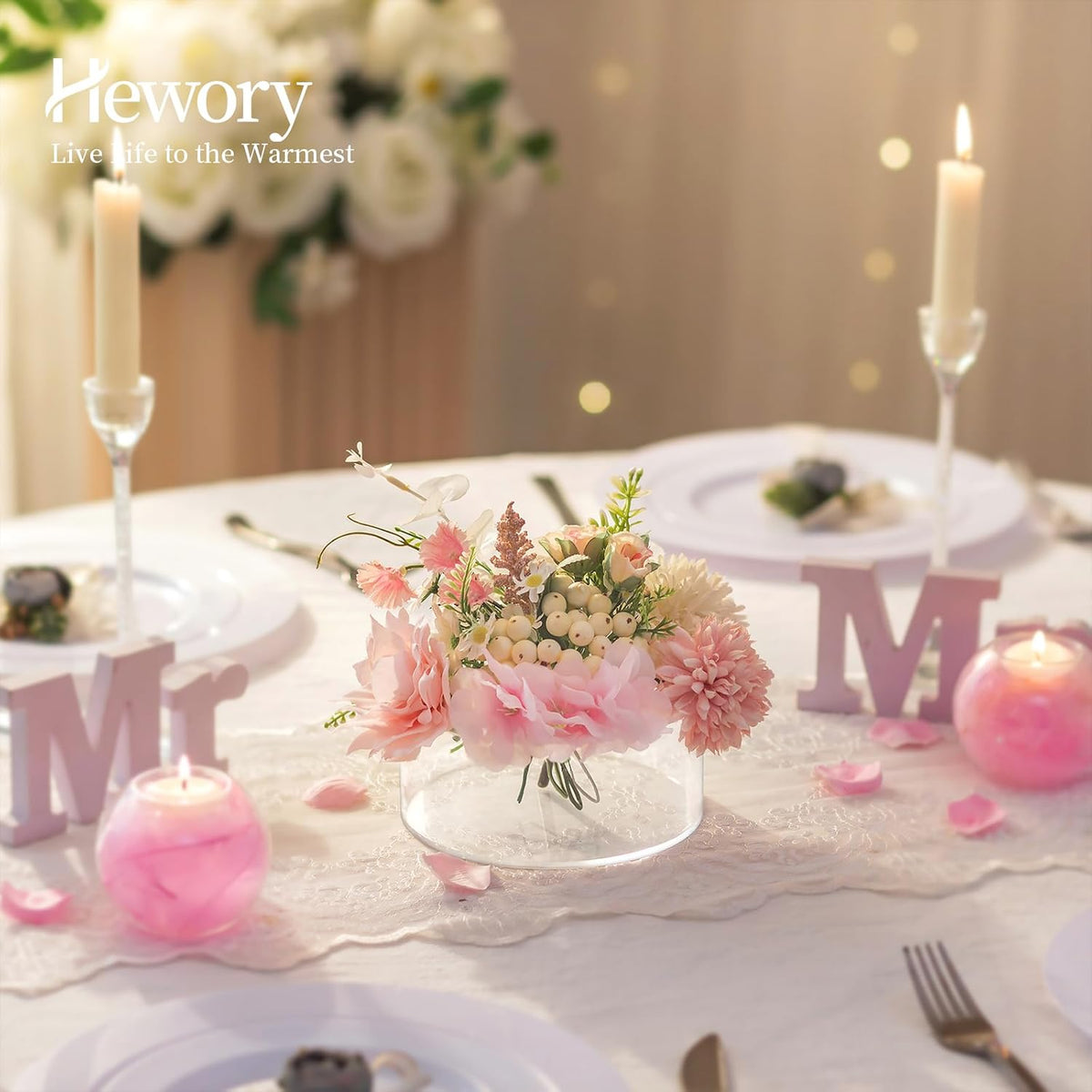 Acrylic Flower Vases for Centerpieces Round – Hewory 2pcs Short Clear Floral Vase with 13 Holes, Box Arranger Bulk Low Base Holder for Wedding Birthday Party Event Dining Table Decor, 2.56"(H)×5.9"(D)