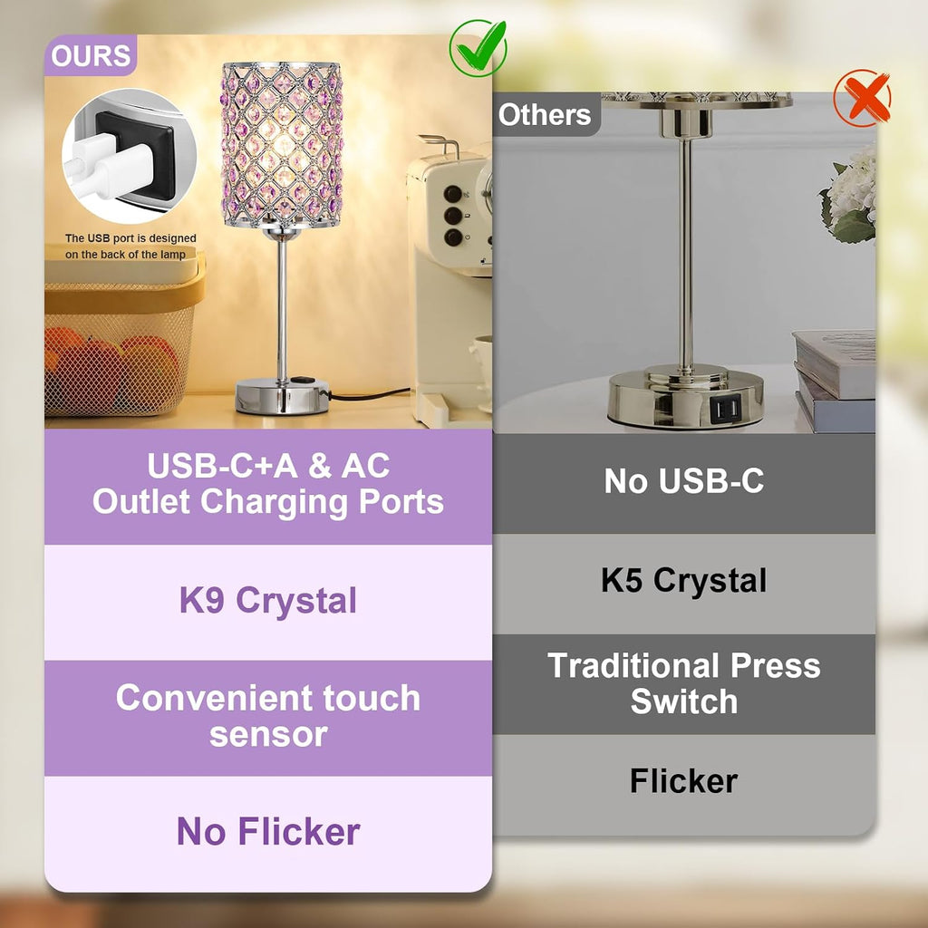 Hong-in Crystal Lamps for Night Stands, Purple Table Lamp for Bedroom