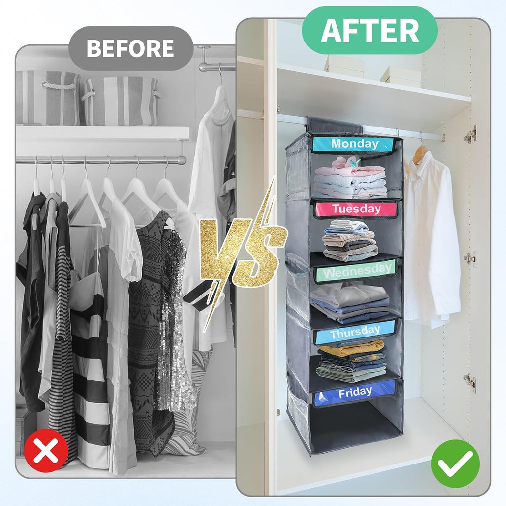 Weekly Clothes Organizer for Kids,Day of The Week Clothes Organizer,5-Shelf Hanging Closet Shelves,School Cloth Organizer Day of Week,Dorm Room Essential Daily Shelf Hanging Closet Organizer