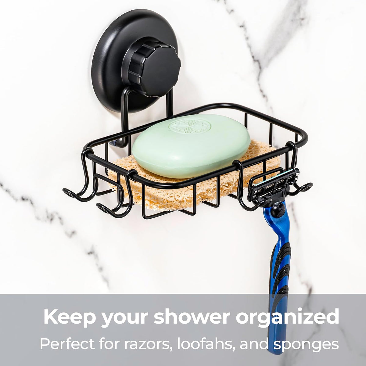 HASKO 2 Pack Suction Cup Soap Dish for Shower Wall, Rustproof Stainless Steel, Shower Soap Holder with Hooks, Includes Optional No Drill Adhesive Mount for Bathroom, 2 Soap Savers, Black