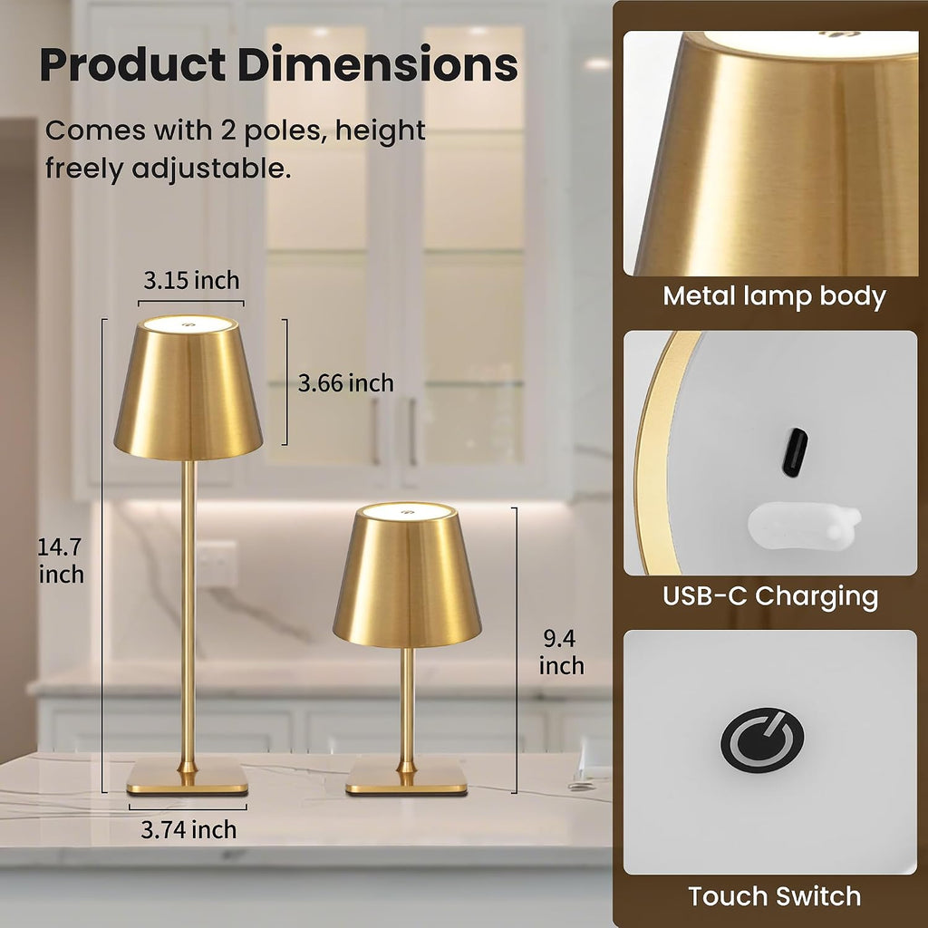 Waterproof Outdoor Rechargeable Cordless Table Lamp with Wicker Shade, Battery Operated Portable Table Light with Adjustable Height Pole, for Patio Restaurant Kitchen Dinner (Gold)