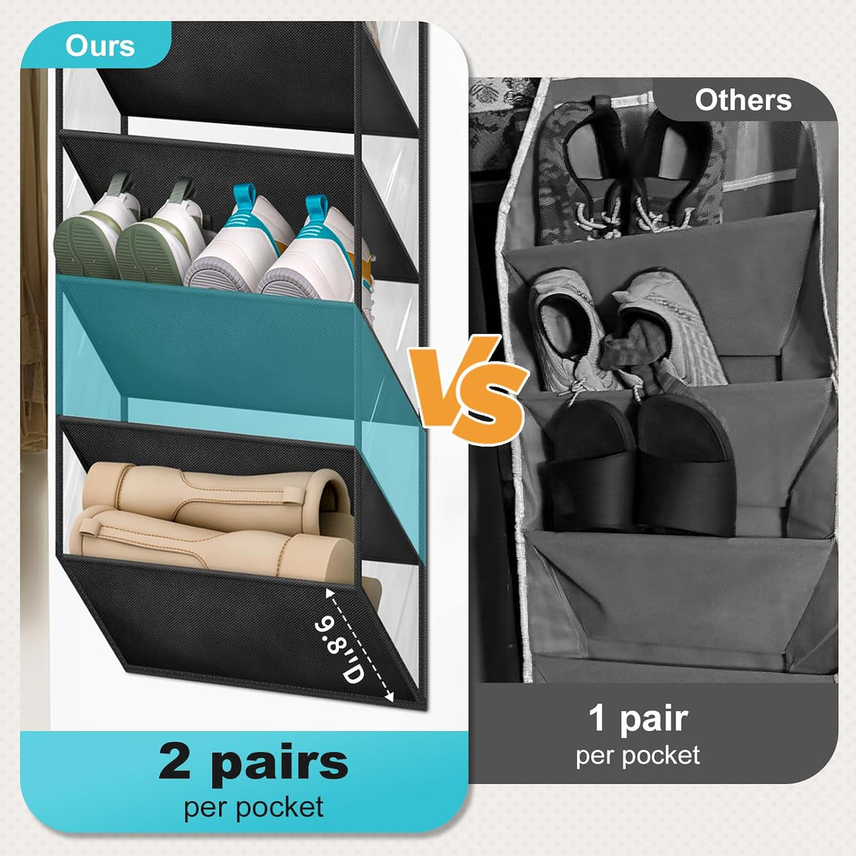 AOODA 10 Tier Clear Over the Door Shoe Organizer Storage, Deep Pockets Large Hanging Shoe Rack for Closet Door, Fit 20 Pairs Shoe Holder Hanger for Sneakers, Boots (Black)