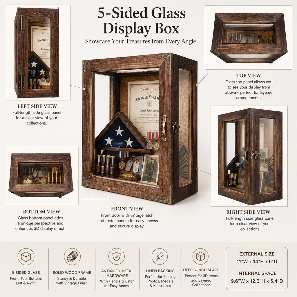 Shadow Box Display Case 11x14, 6.2" Deep, 5-Sided Glass, Solid Wood