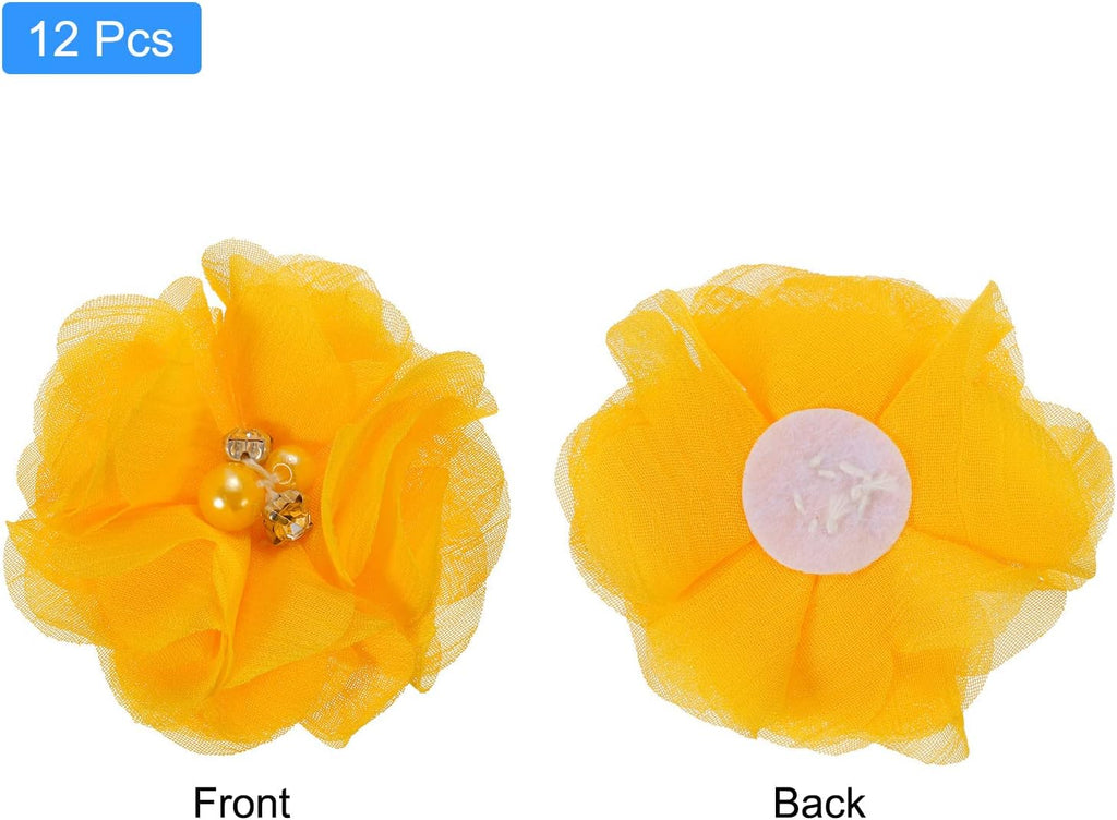 MECCANIXITY Artificial Rhinestone Chiffon Flower Heads, Gold Yellow Faux Flowers 2 Inch for DIY Craft Wedding and Party Decoration Pack of 12