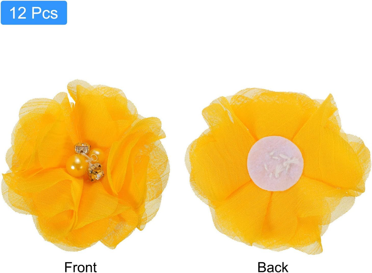 MECCANIXITY Artificial Rhinestone Chiffon Flower Heads, Gold Yellow Faux Flowers 2 Inch for DIY Craft Wedding and Party Decoration Pack of 12