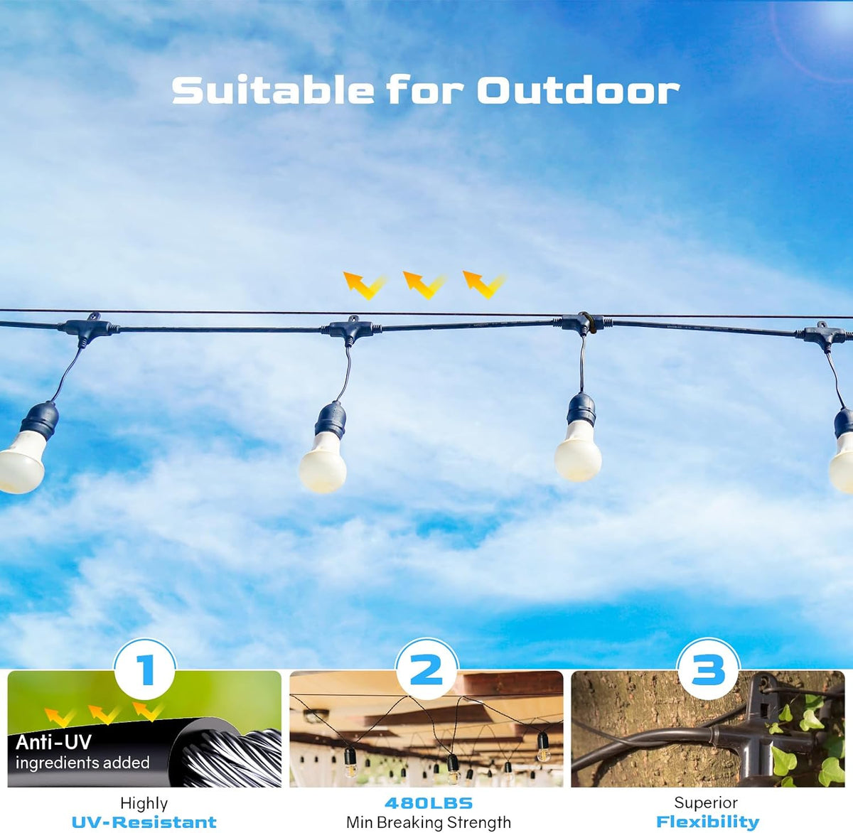 NEREUS String Light Hanging Kit with 250FT Black Vinyl Coated Wire Rope