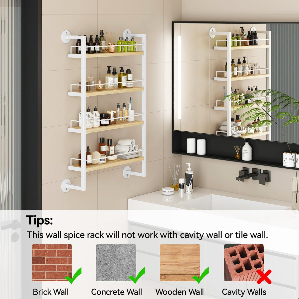 IBUYKE 4 Tier Spice Rack Wall Mount for Kitchen,Natural TLJ016R