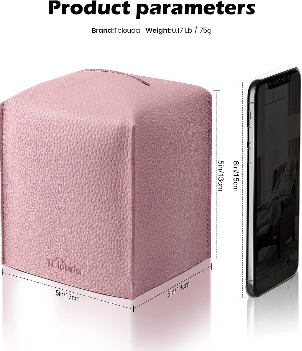 Tissue Box Cover for PU Leather, Modern Simple Solid Color Holder Square Tissue Bag, Ideal for Bathrooms,Office,Car,Nightstand,Outdoor Tent,Dining Table,5"X5"X5", Double Pink