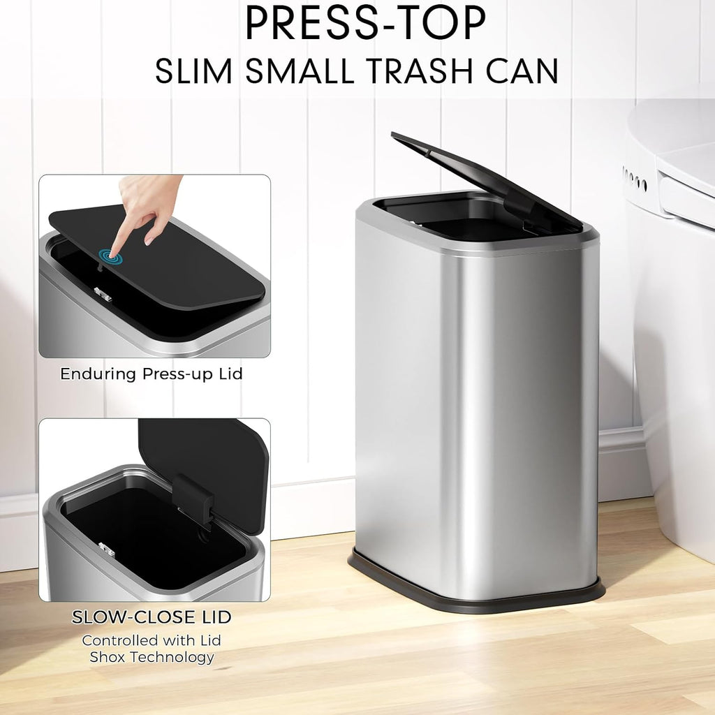 Bathroom Trash Can with Lid, 8L/2.1 Gallon Silver Trash Can Small Garbage Can with Press Top Lid Slim Stainless Steel Garbage Can with 100 Counts Trash Bags for Bathroom Bedroom Kitchen Office Toilet