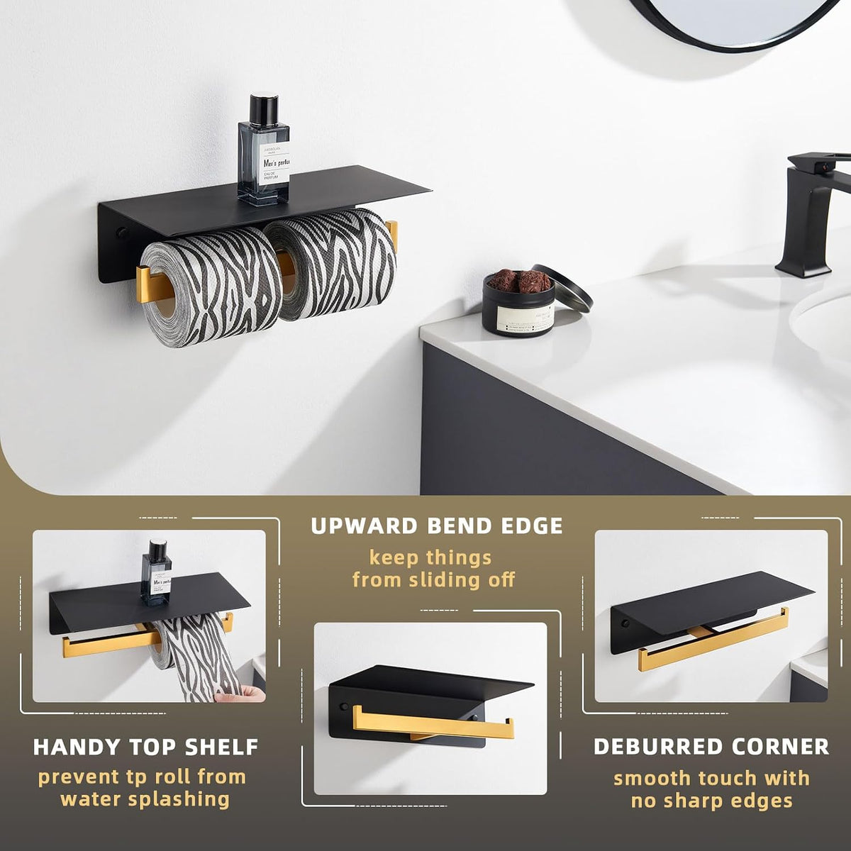 Angle Simple Bathroom Toilet Paper Holder with Phone Shelf, Black and Gold