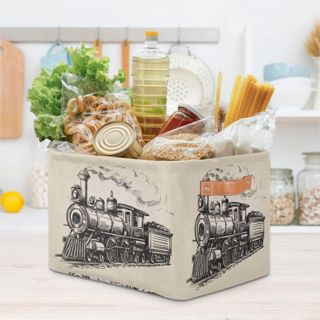 Large Storage Baskets for Organizing Shelves Vintage Steam Locomotive Train Foldable Cube Storage Bins with Handles Rectangle Fabric Closet Organizers for Home Toys Clothes, 1 Pack
