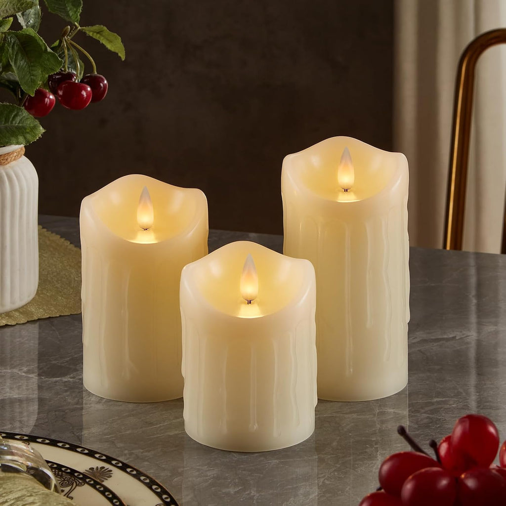 Flameless Pillar Candles Flickering with Remote Timer, Battery Operated LED Candles Up to 400 Hours, 3D Moving Flame Real Wax Candles. (Ivory with Teardrop)