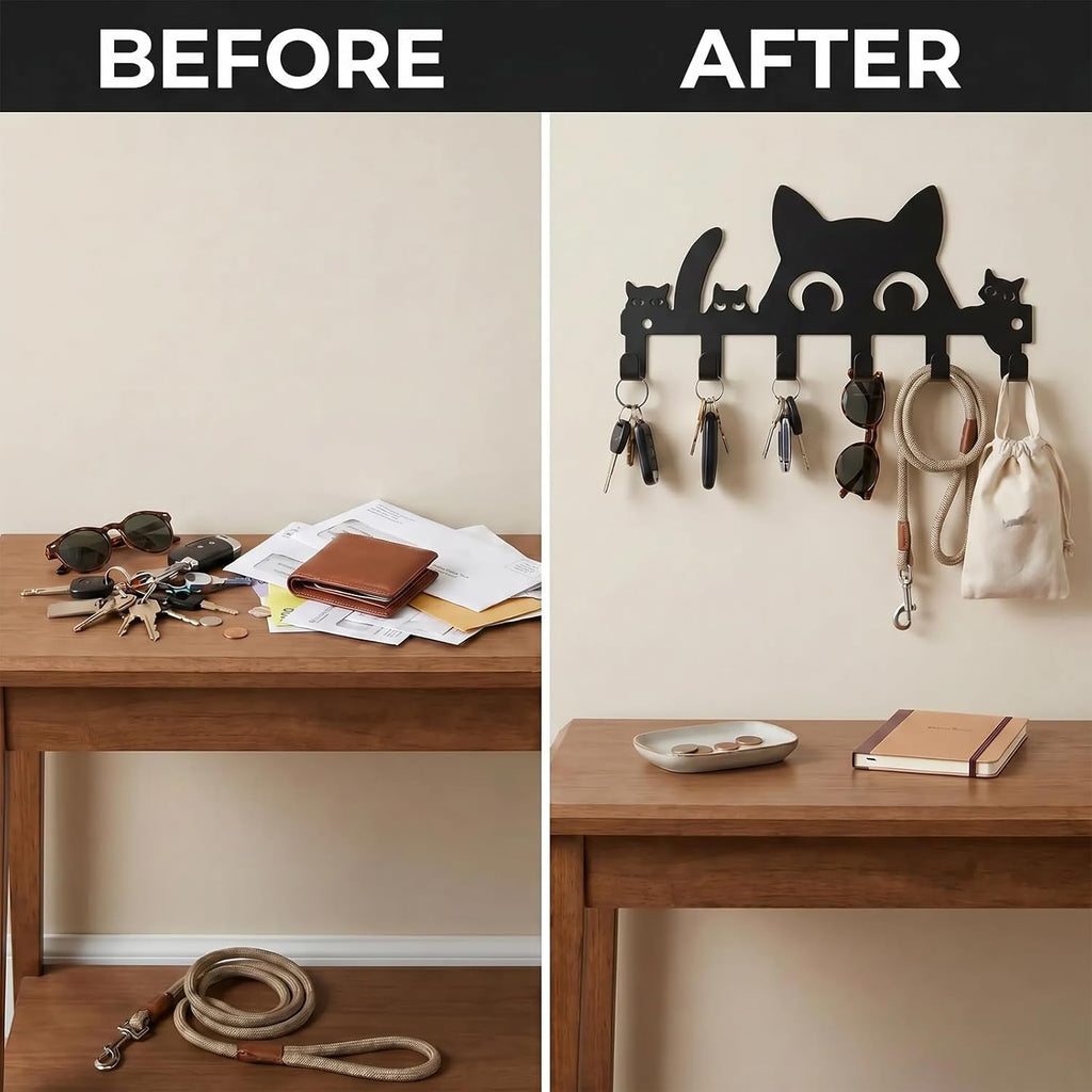 Cat Key Holder for Wall, 4-Cat Key Hanger with 8 Hooks