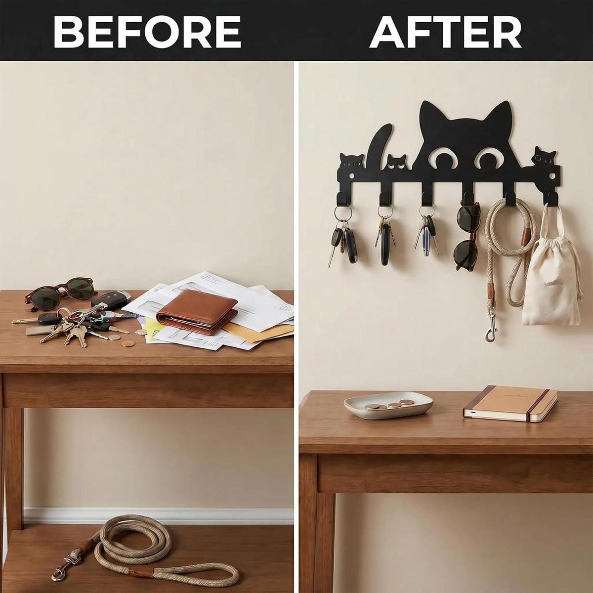 Cat Key Holder for Wall, 4-Cat Key Hanger with 8 Hooks