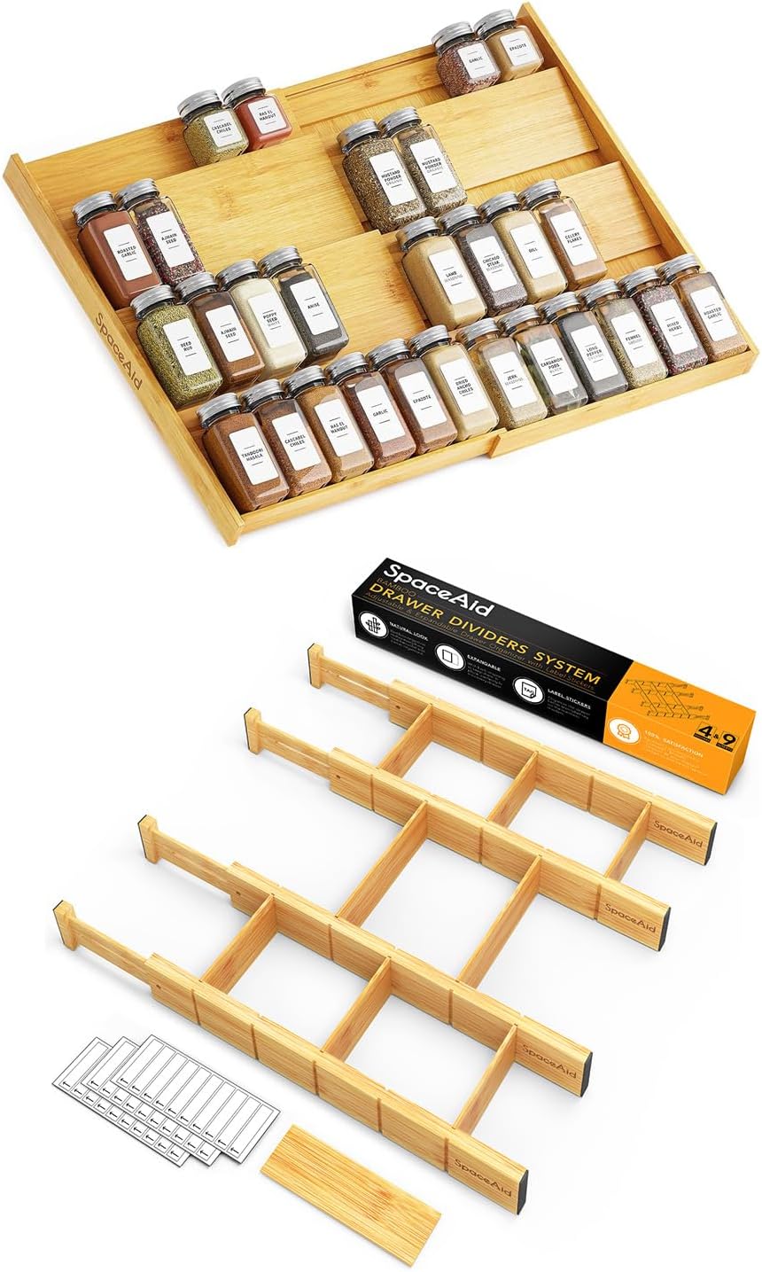 SpaceAid Bamboo Spice Drawer Organizer and Bamboo Drawer Dividers with Inserts and Labels, Kitchen Adjustable Drawer Organizers