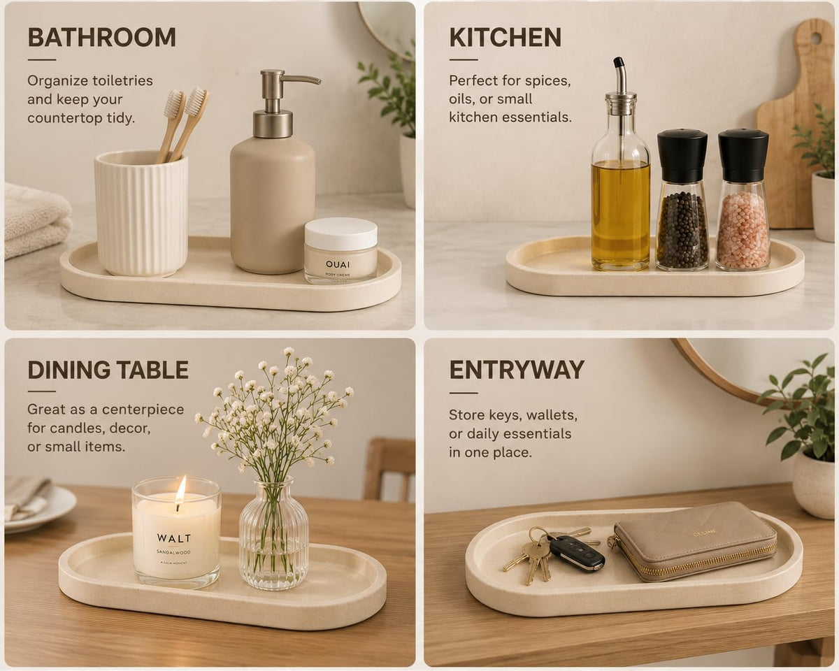 Clasin Home Vanity Tray for Bathroom Counter, Travertine-Look Decorative Tray for Perfume Jewelry Candle, Non-Slip Decor Organizer for Kitchen Countertop, Dresser, Coffee Table (11 x 4.9 Inch)