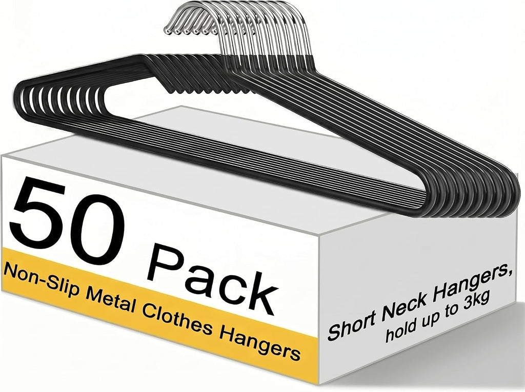 Leumoi 50 Pack Short Neck Hangers Non-Slip Metal Hangers for Clothes, Black