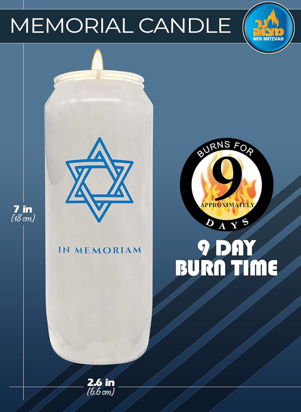 9 Day Memorial Candles, 6 Pack - Plastic Jar with Star of David - 7” Tall Pillar Candles for Religious, Prayer, Party Decor, Vigil and Emergency Use - By Ner Mitzvah
