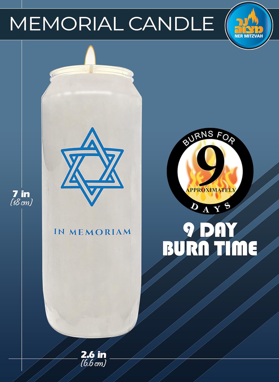 9 Day Memorial Candles, 6 Pack - Plastic Jar with Star of David - 7” Tall Pillar Candles for Religious, Prayer, Party Decor, Vigil and Emergency Use - By Ner Mitzvah