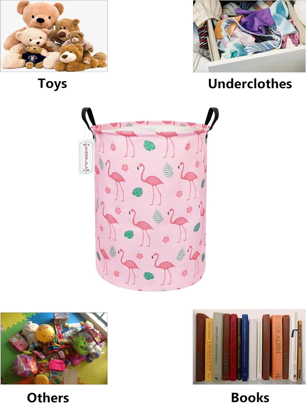 Foldable Waterproof Round Fabric Laundry Basket Home, Pink Flamingo