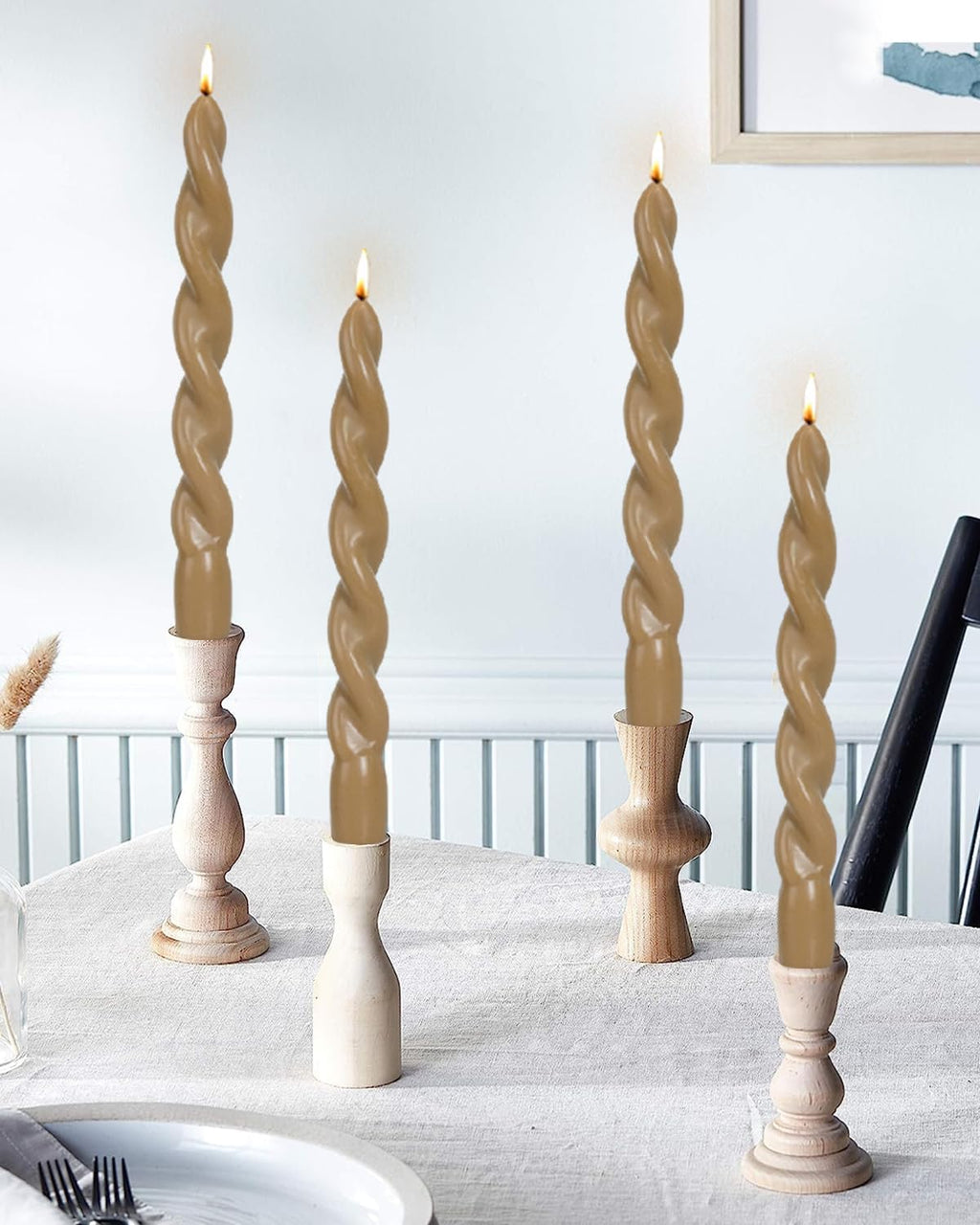 Sahara Beige Twisted Taper Candle Spiral Candlesticks Unscented Smokeless for Fall Decor Holiday Dinner Party Christmas Decorations-7.5inch-4pack