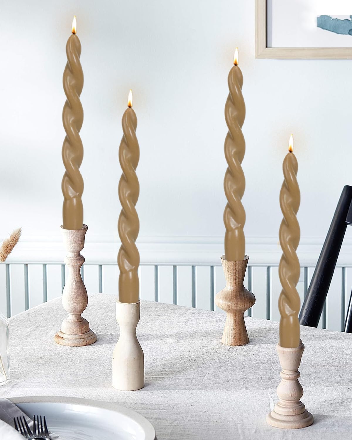 Sahara Beige Twisted Taper Candle Spiral Candlesticks Unscented Smokeless for Fall Decor Holiday Dinner Party Christmas Decorations-7.5inch-4pack