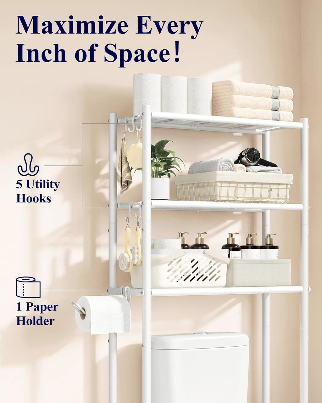 Kitsure Over Toilet Storage Rack, Sturdy Metal, 3 Tier Shelves, 61.0" H