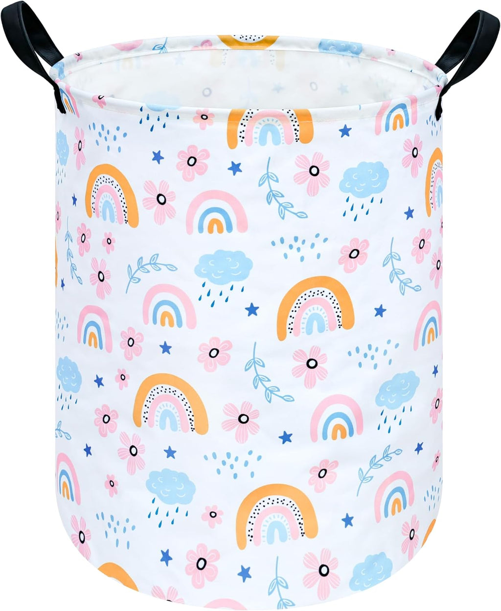 Pastel Rainbow Floral Laundry Hamper, Round Foldable Storage Basket with PU Leather Handles and Water-Resistant Lining for Bedroom, Dorm, Nursery, Clothes and Toys