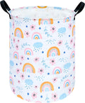 Pastel Rainbow Floral Laundry Hamper, Round Foldable Storage Basket with PU Leather Handles and Water-Resistant Lining for Bedroom, Dorm, Nursery, Clothes and Toys