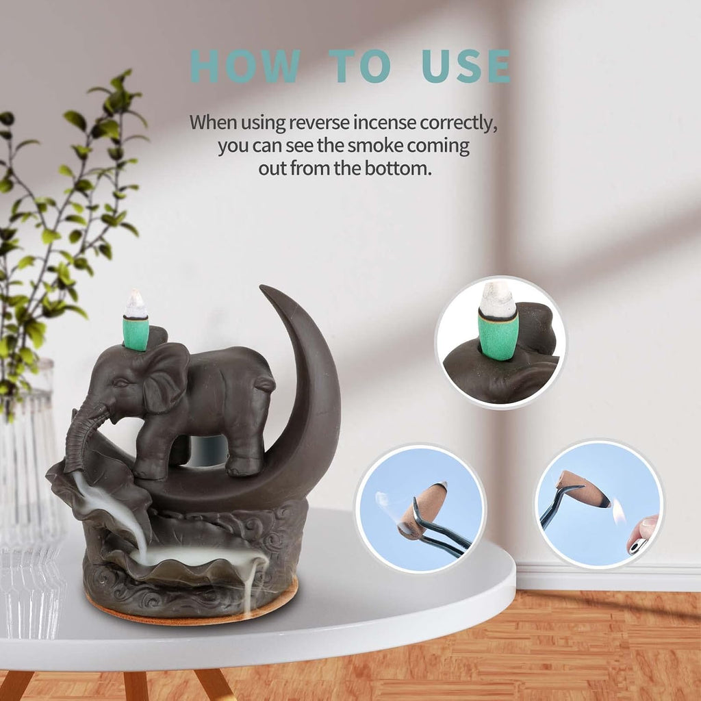 YYW Elephant Backflow Incense Burner with 20 Cones, 30 Sticks, Tweezer, Mat