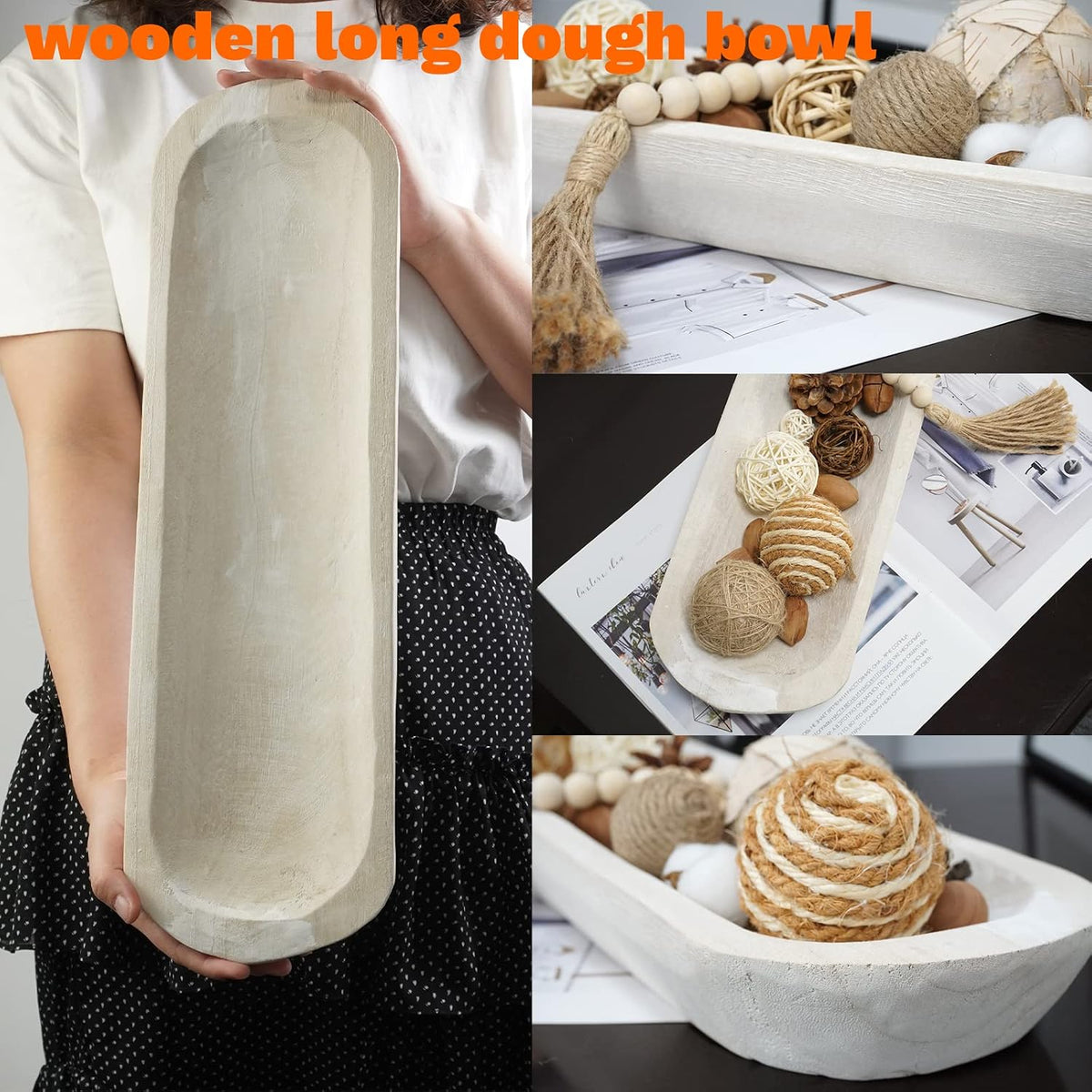 Decorative Bowl Vintage Wooden Dough Bowls Hand Carved, Farmhouse Country, Restaurant, Cafe Decoration, Place Bread, Fruit, Aromatherapy. (20x6x2in(White))