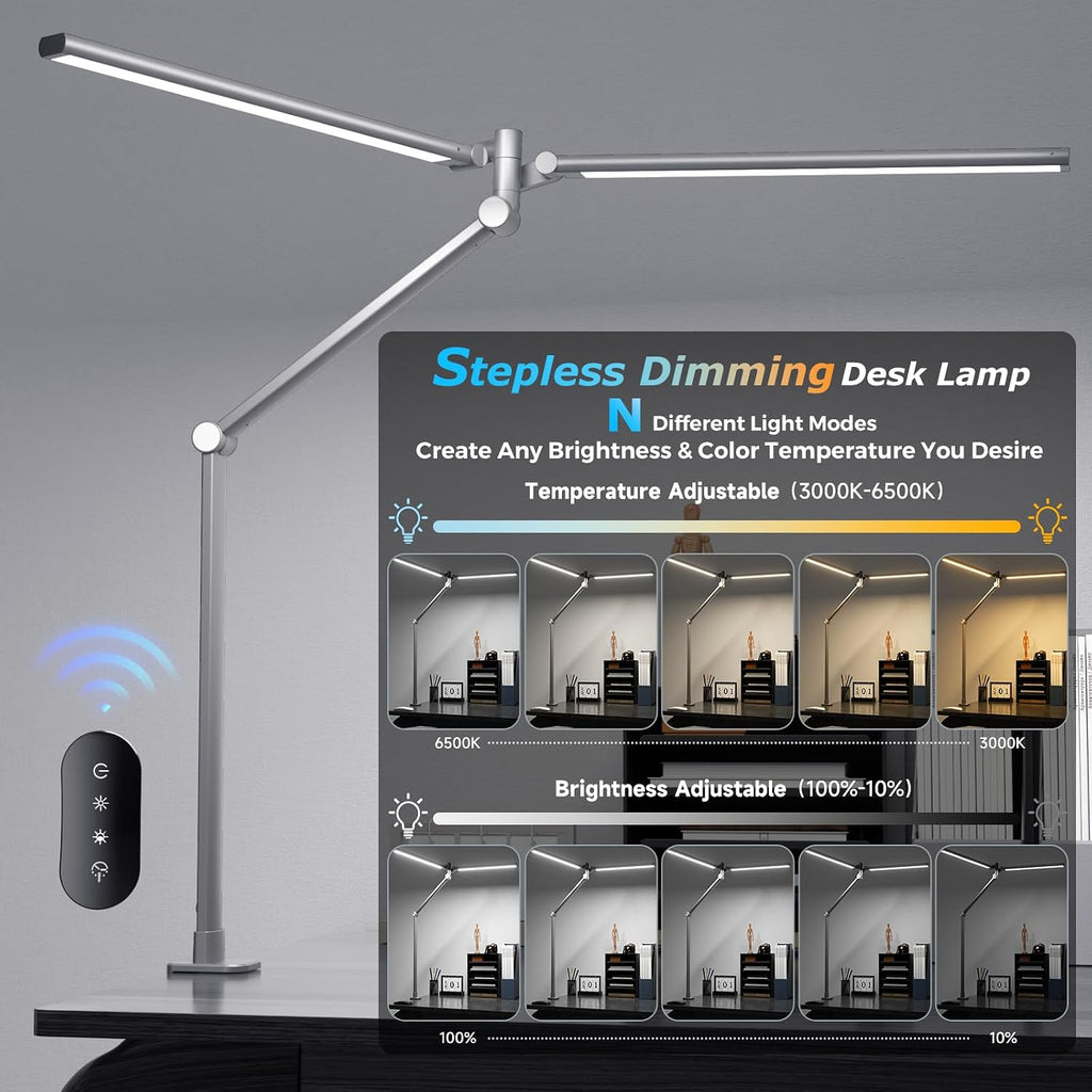 Airlonv LED Desk Lamp, Double Swing Arm Wide Lighting Area Desk Lamps for Home Office with Stepless Dimming, Eye-Caring Architect Desk Light with Clamp for Reading, Study, Workbench, (Grey)