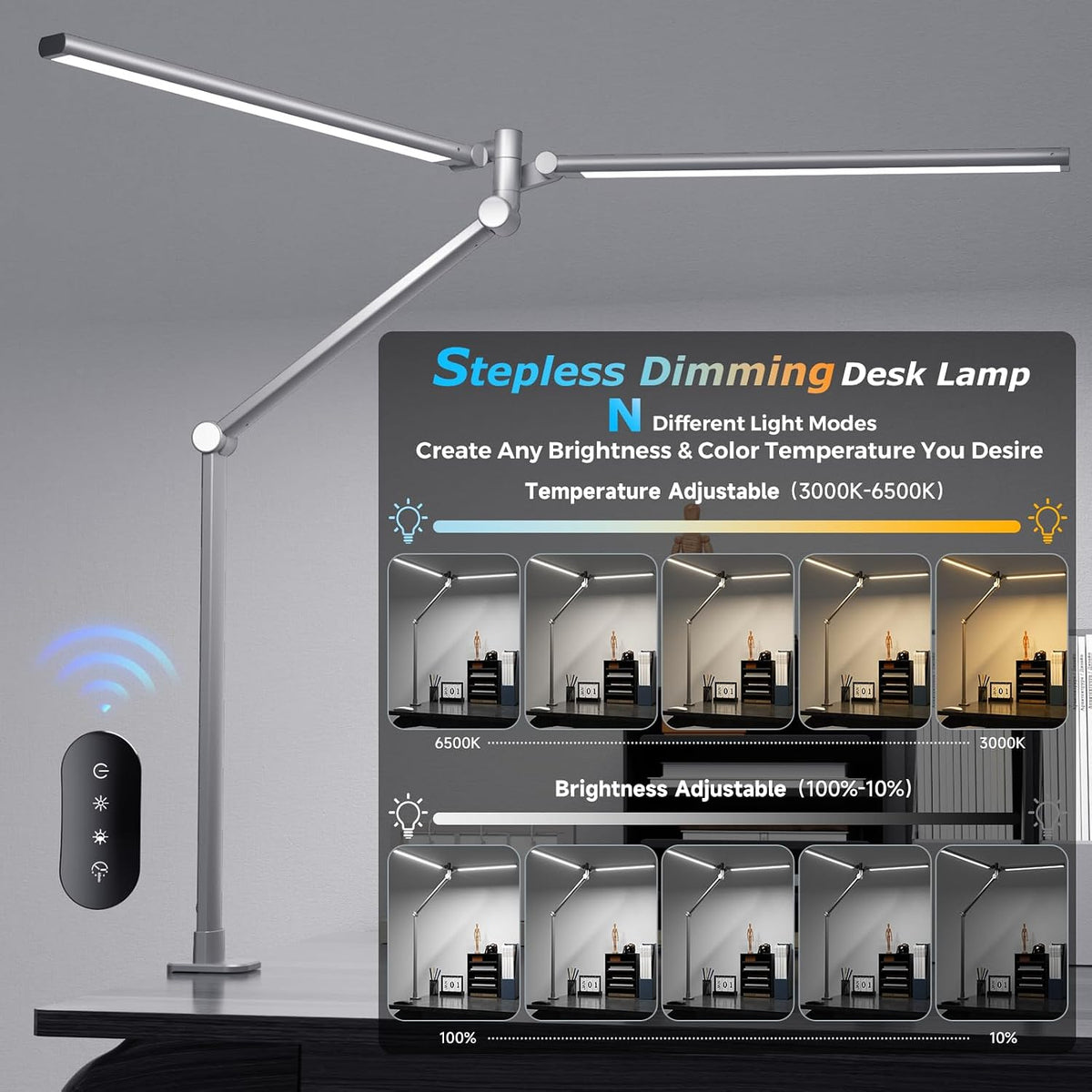 Airlonv LED Desk Lamp, Double Swing Arm Wide Lighting Area Desk Lamps for Home Office with Stepless Dimming, Eye-Caring Architect Desk Light with Clamp for Reading, Study, Workbench, (Grey)