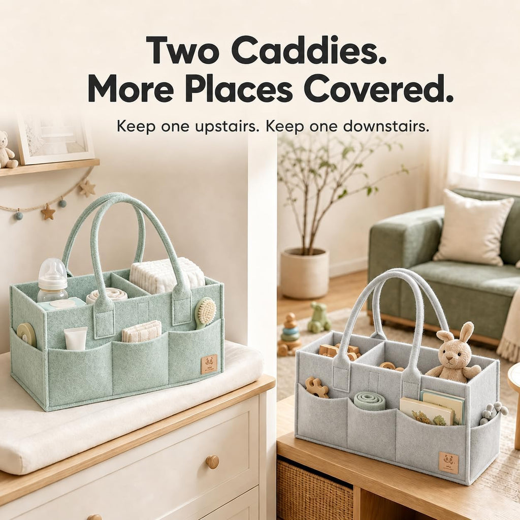HIPHOP PANDA 2-Pack Diaper Caddy Organizer - Nursery Storage Bin & Car Organizer for Diapers, Wipes, and Baby Essentials - Dual-Color Solid Set (Grey/Green), Regular Size