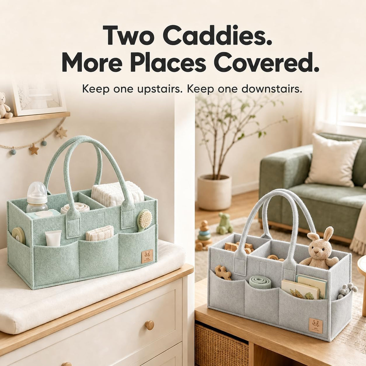 HIPHOP PANDA 2-Pack Diaper Caddy Organizer - Nursery Storage Bin & Car Organizer for Diapers, Wipes, and Baby Essentials - Dual-Color Solid Set (Grey/Green), Regular Size
