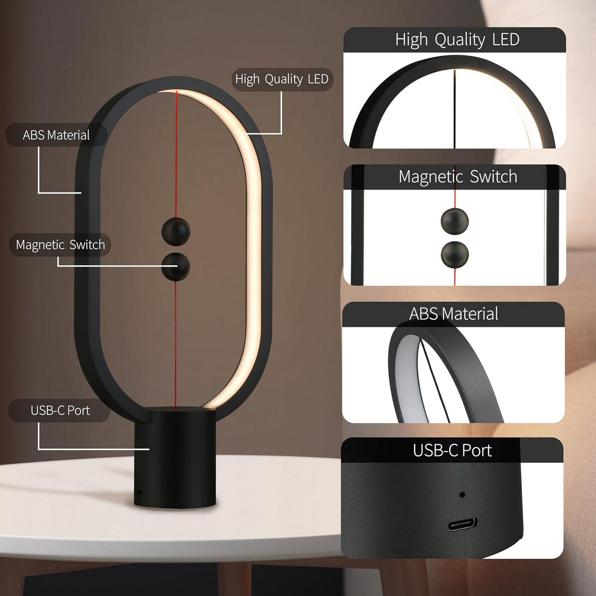 Heng Balance Light, USB Powered LED Table lamp, Creative, Magnetic Switch Night Light, dimmable Eye Protection Table lamp, Used for Gifts, Decoration Bedside, Dormitory and Office(Black)