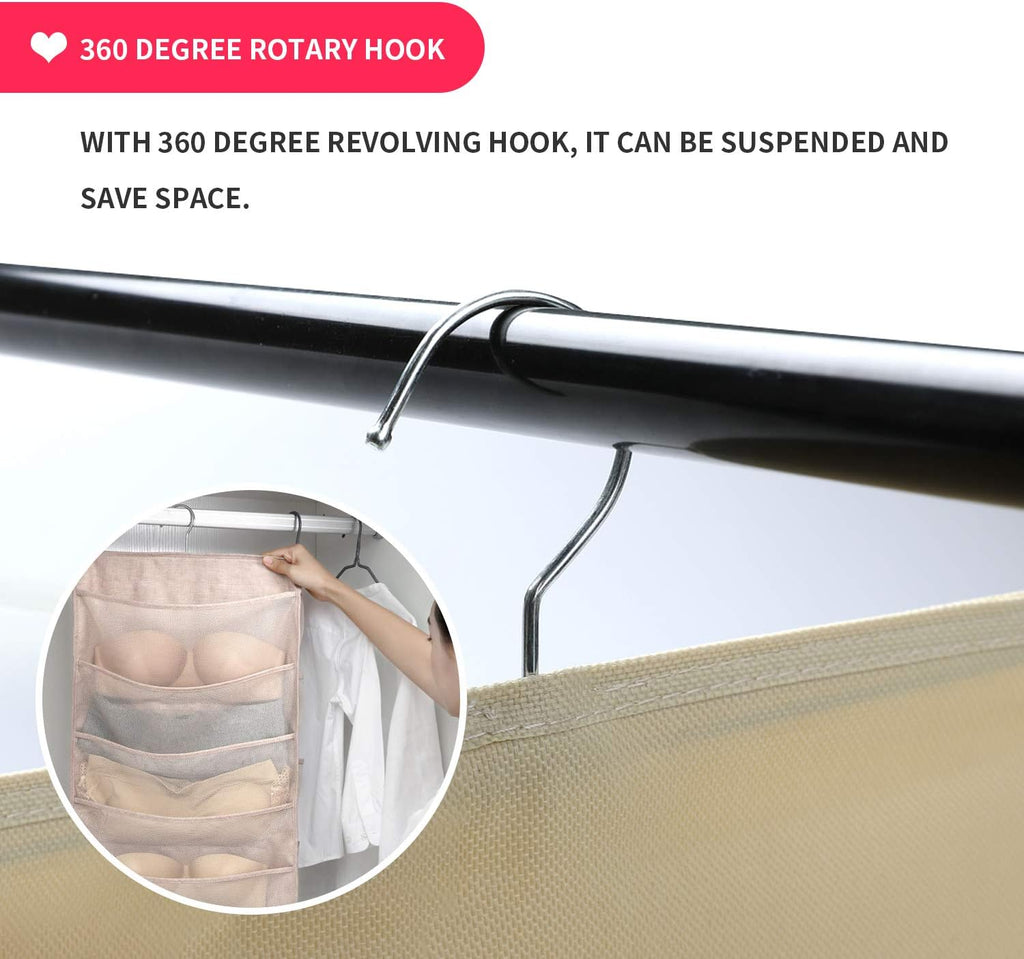 Bseash Enlarged Closet Hanging Bra Organizer with Rotating Metal Hanger, Dual Sided Wall Shelf Wardrobe Mesh Pockets Hanging Storage Bag for Bra Socks Underwear Underpants