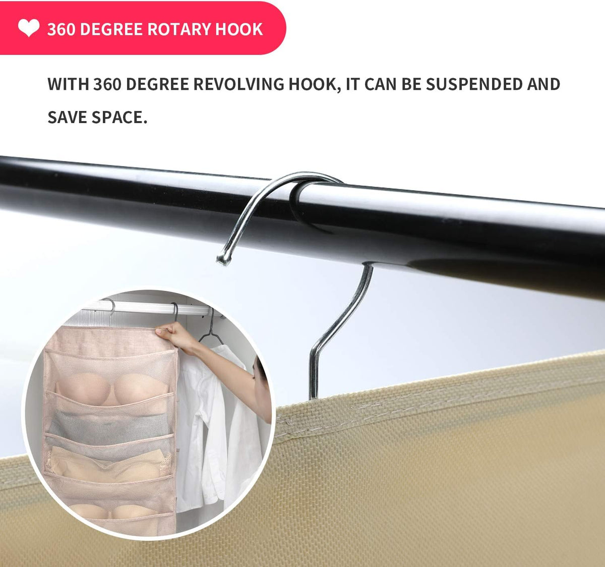 Bseash Enlarged Closet Hanging Bra Organizer with Rotating Metal Hanger, Dual Sided Wall Shelf Wardrobe Mesh Pockets Hanging Storage Bag for Bra Socks Underwear Underpants