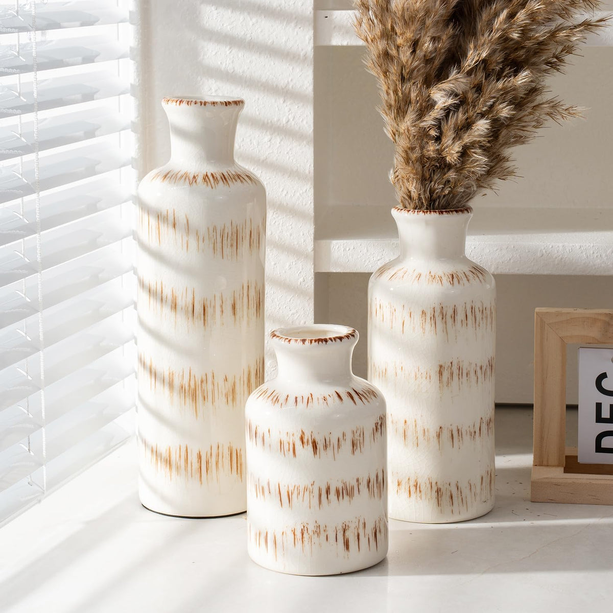 Vintage Ceramic Flower Vase Set of 3, Rustic Farmhouse Vase for Home Decor, Distressed Decorative Vase for Table Entryway Mantel Centerpiece Living Room Bathroom Bedroom (Ivory Vein)