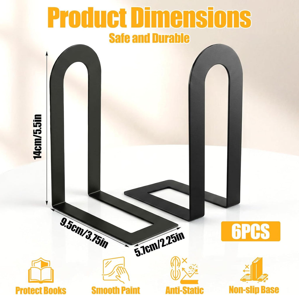 6 Pcs Modern Metal Bookends for Shelves, Metal Small Book Ends Book Shelf Organizer Minimalist Book Ends for Books/Movies/CDs, Decorative Bookends for Home Office, 5.5 x 3.75 x 2.25inch (Black)