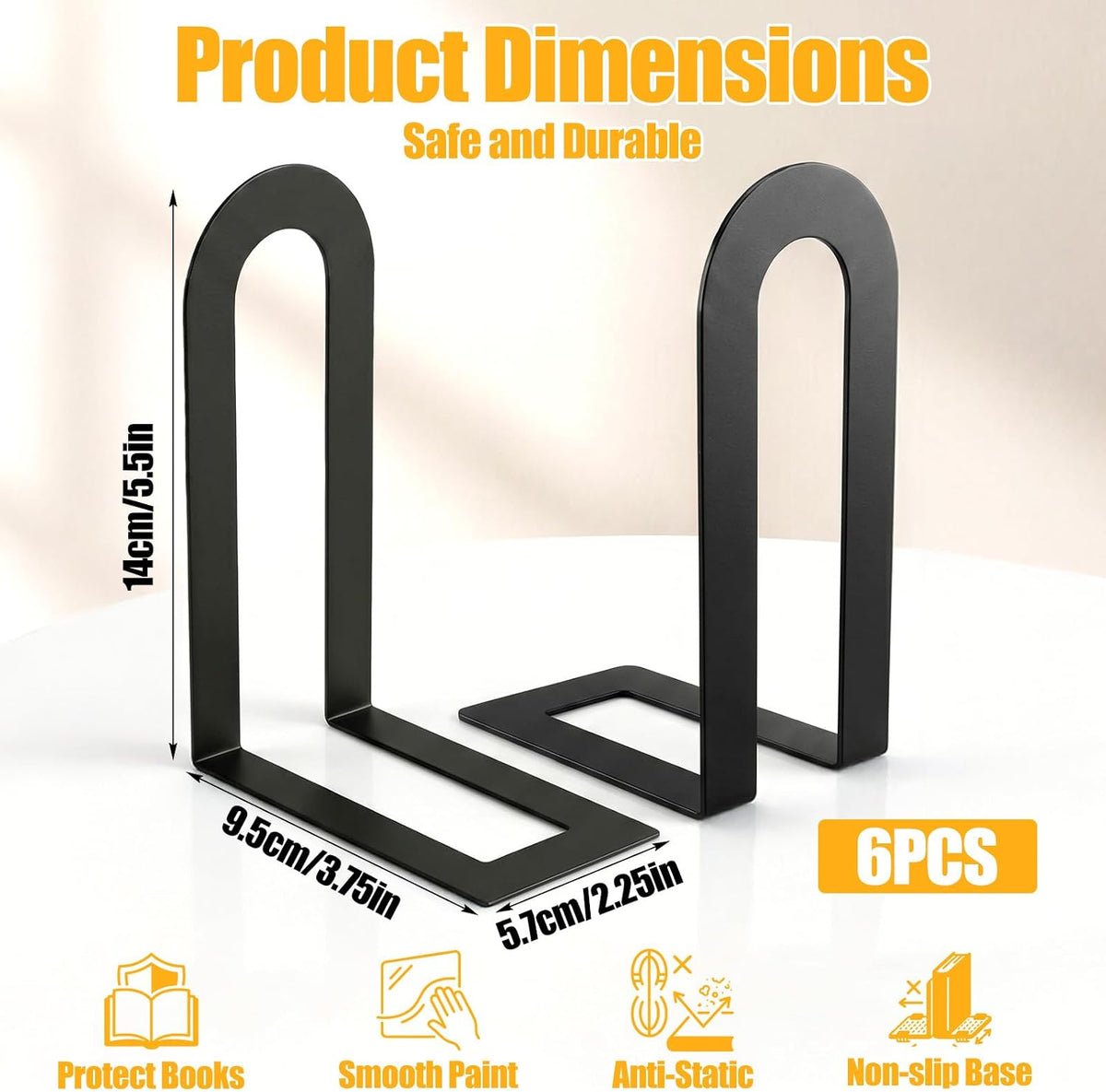 6 Pcs Modern Metal Bookends for Shelves, Metal Small Book Ends Book Shelf Organizer Minimalist Book Ends for Books/Movies/CDs, Decorative Bookends for Home Office, 5.5 x 3.75 x 2.25inch (Black)