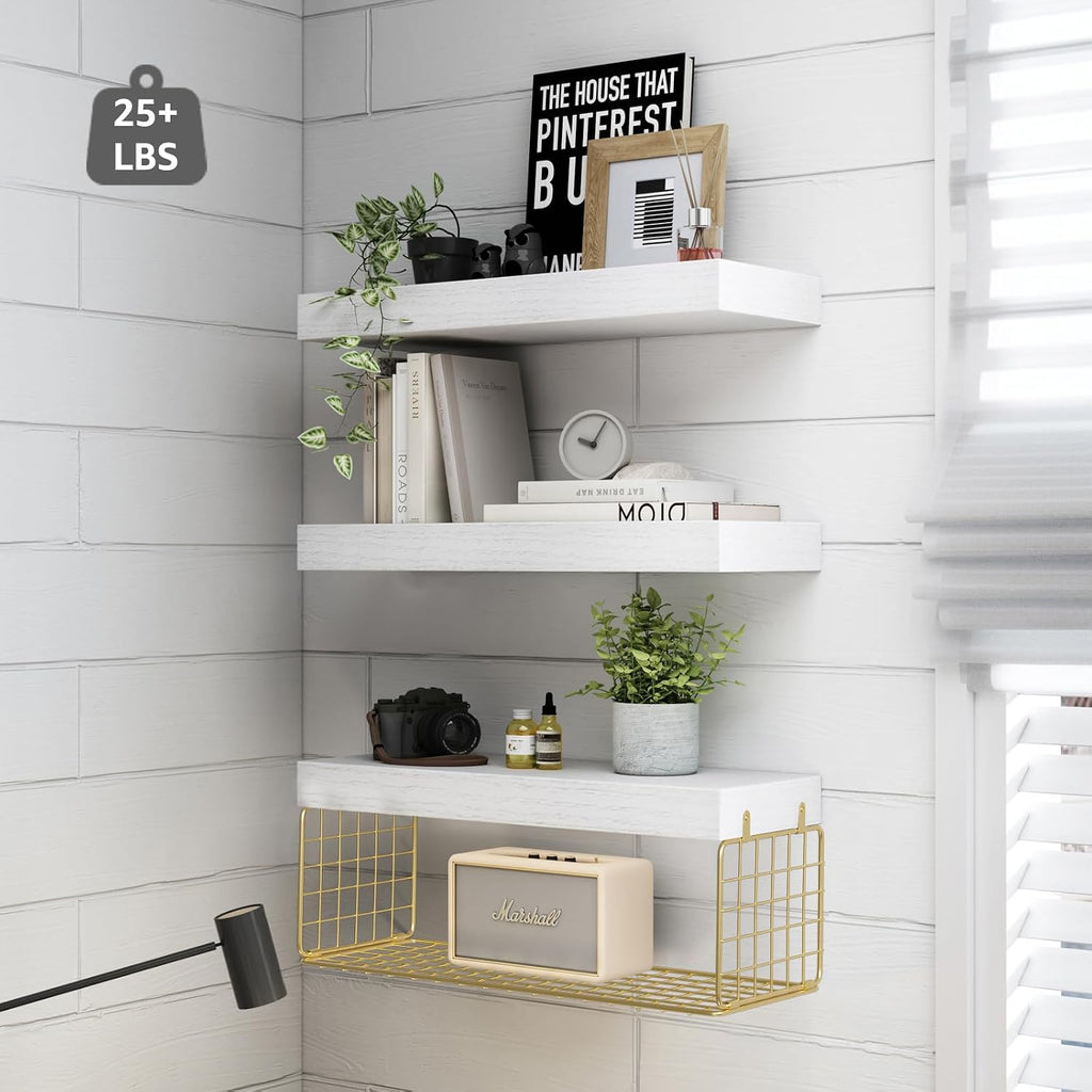 QEEIG Bathroom Shelves Over Toilet Wall (White and Gold, Set of 3, 15.7")
