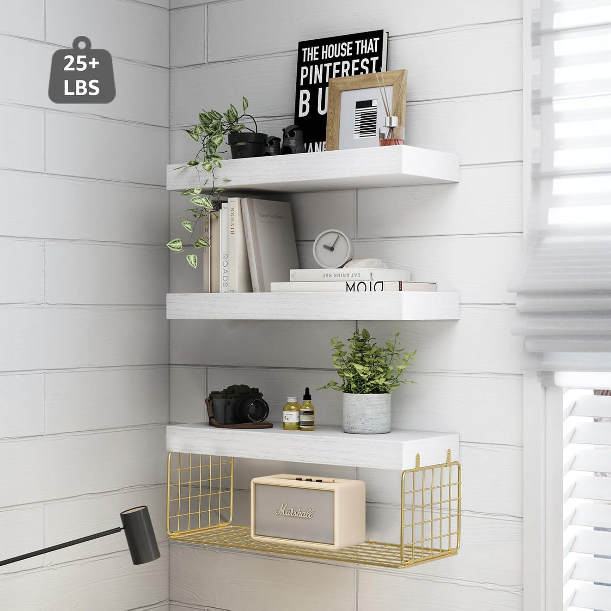 QEEIG Bathroom Shelves Over Toilet Wall (White and Gold, Set of 3, 15.7")