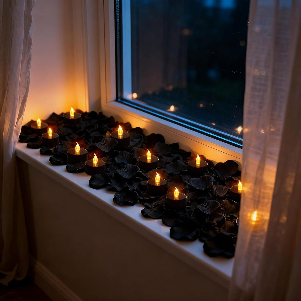 500 Pcs Rose Petals with 12 LED Tea Lights Candles Set, Artificial Black Rose Petals and Black Flameless Candles Set for Anniversary, Valentine's Day, Wedding, Party Home Decor