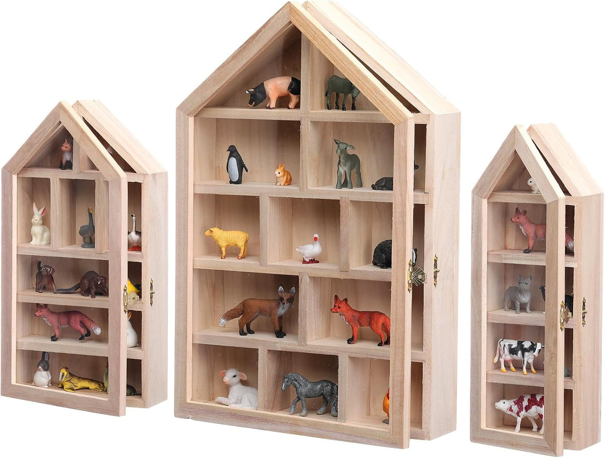 DoubleFill 3 Pcs Trinket Shelf Shadow Box, Wood Color, House Shape
