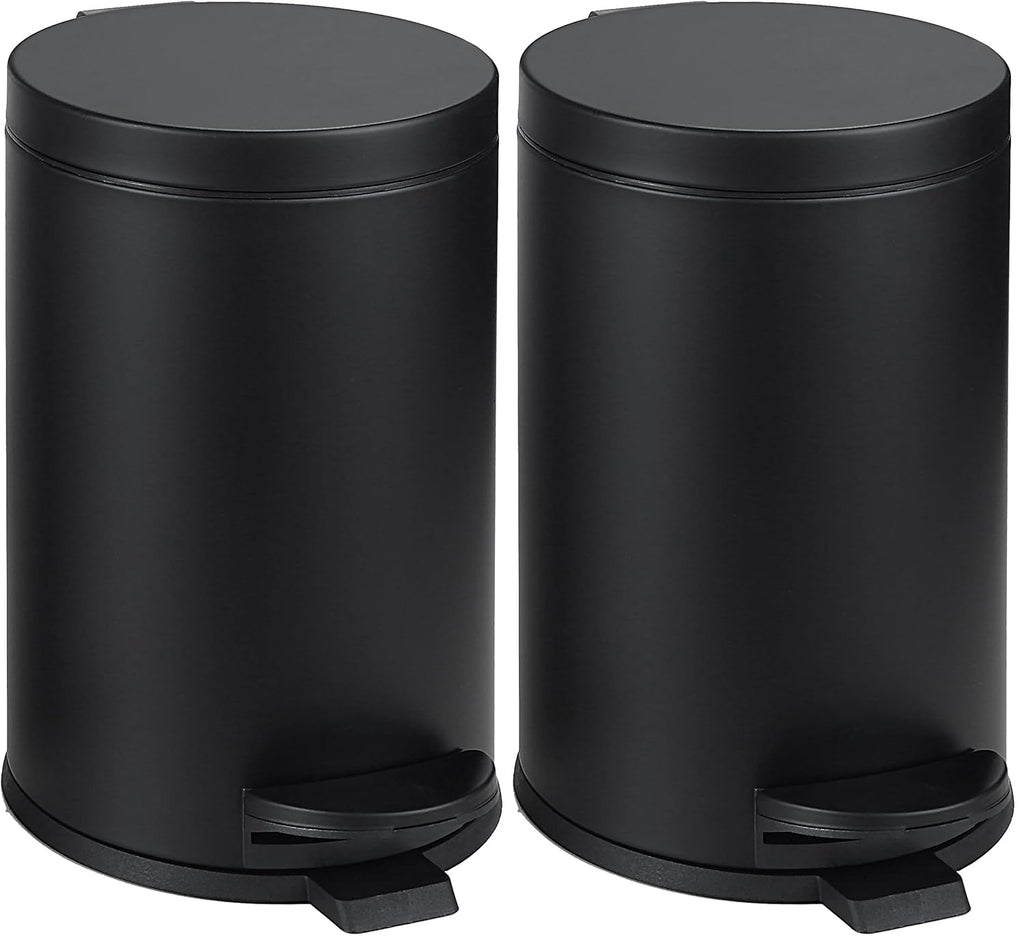 SunnyPoint 4.5 Liter(1.2 Gallon) Small Round Trash Can with Plastic Inner Bucket; Bathroom, Office, Kitchen and Bedroom Step On and Slow Close (BLK) (Pack of 2)